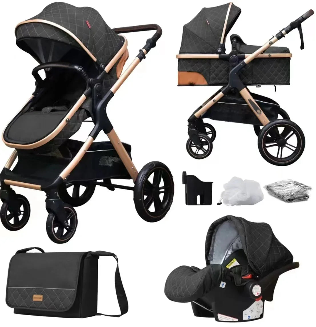 Poussette bébé 3 en 1 avec siège auto – Poussette pliable position assise et allongée