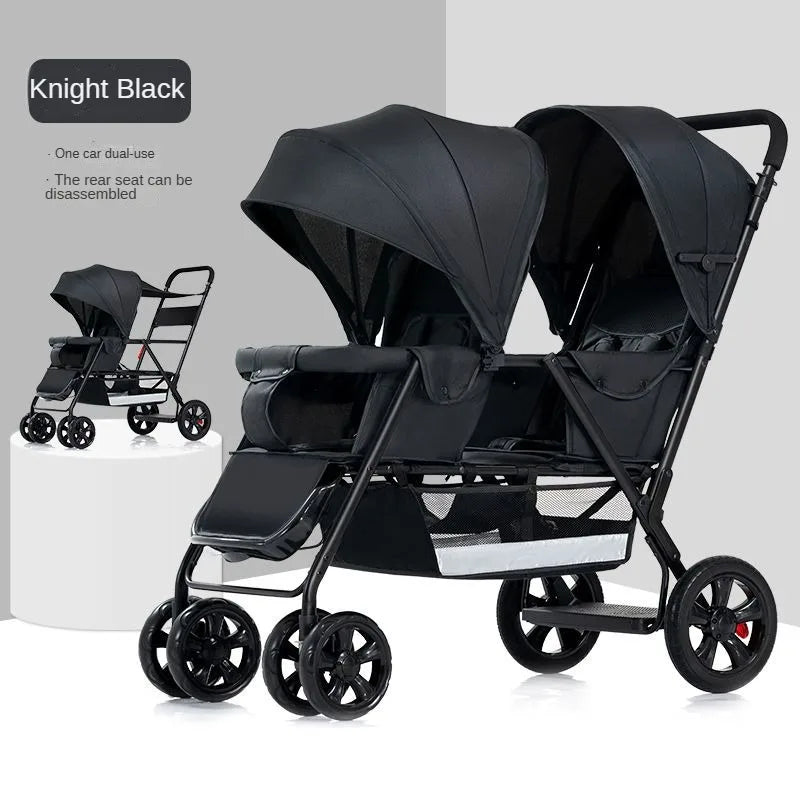 Poussette double multifonctionnelle pour jumeaux – Poussette double légère et pliable, à quatre roues