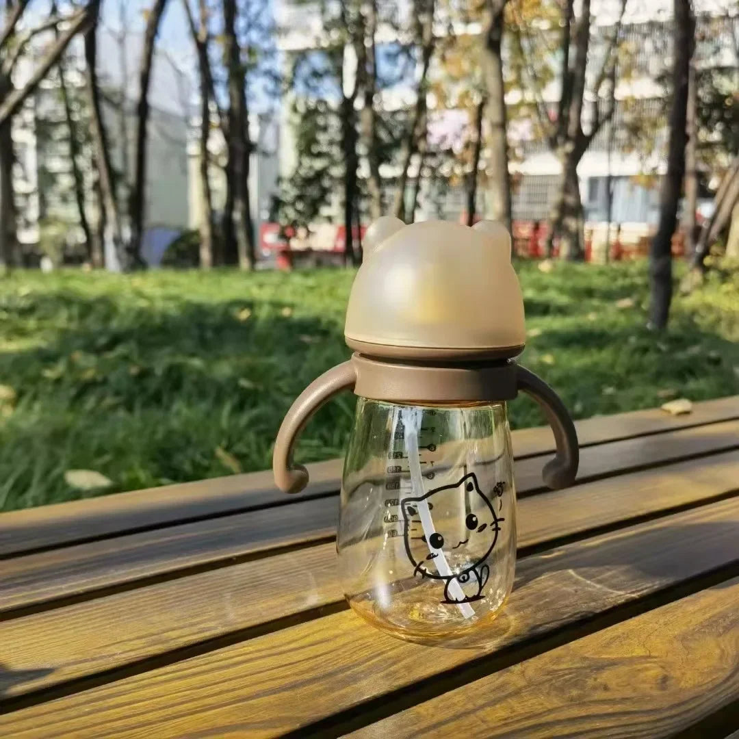 300ml Baby Feeding Bottle – Drop-Proof Wide-Caliber Cup with Straw & Handles
