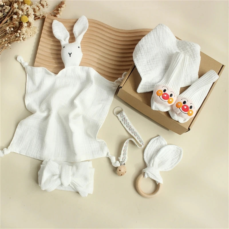 Newborn Baby Gift Set – Soft Cotton Towel, Rabbit Cuddle, Socks & Brush
