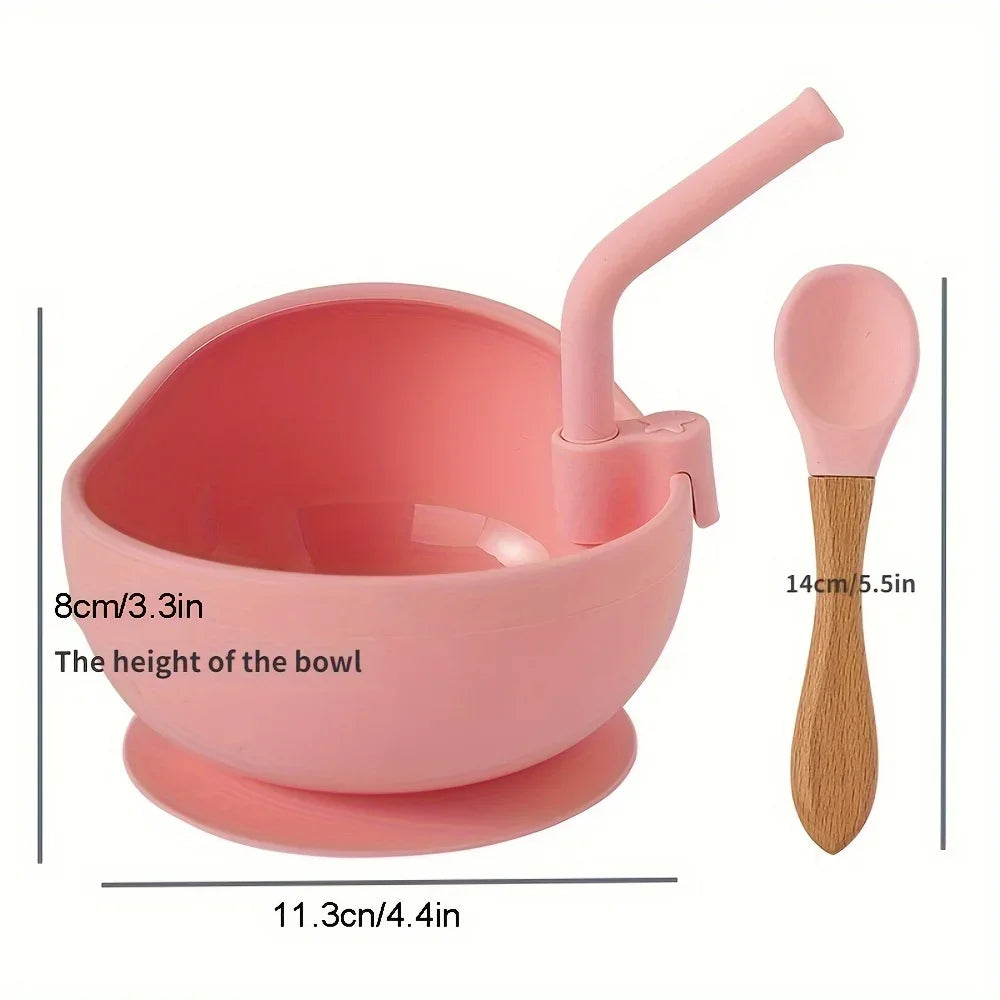 Ensemble de cuisine pour bébé – Bol en silicone avec cuillère et paille