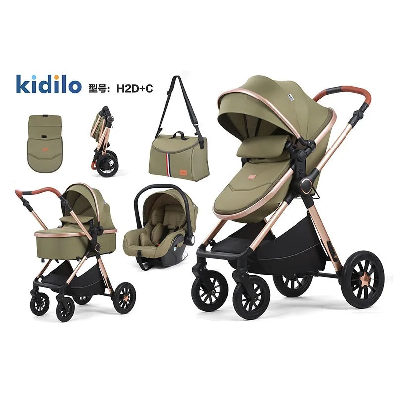 Poussette légère Kidilo H2D C 3 en 1, poussette bébé à quatre roues de bonne qualité