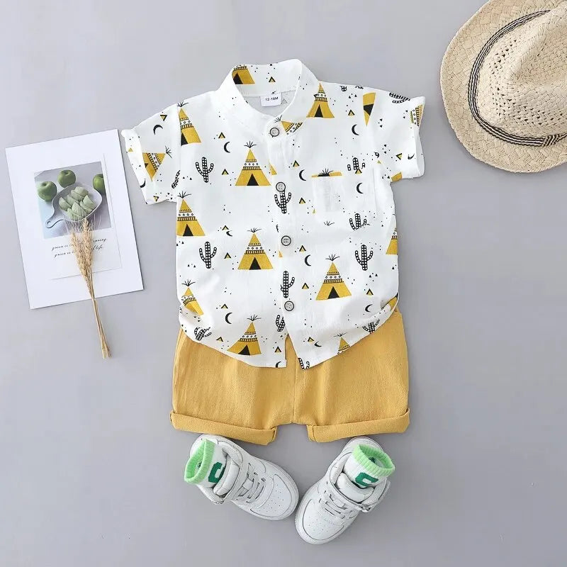 2-Piece Kids Summer Outfit – Cotton Triangle Print Shirt & Shorts Set