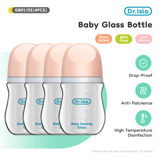 4PCS Newborn Glass Feeding Bottles – 90/160ml, Anti-Colic, BPA-Free (0–6M)