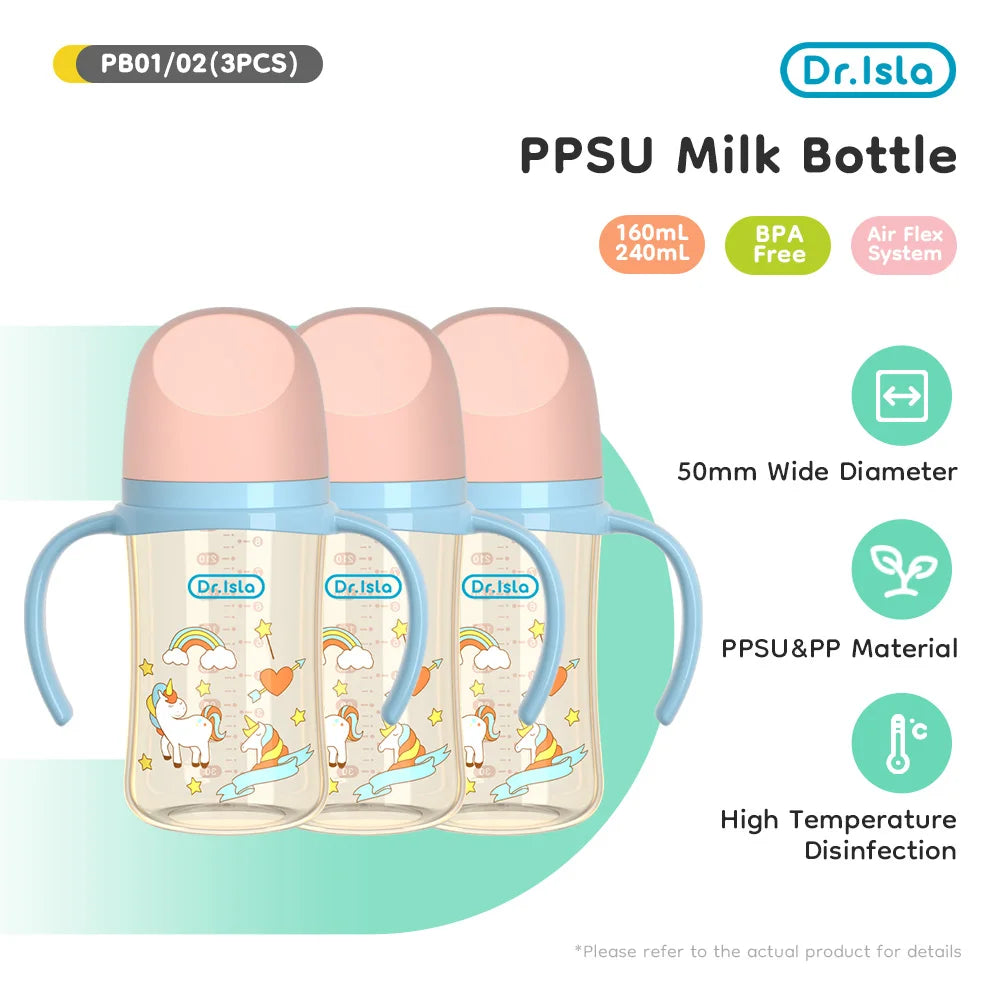 3PCS PPSU Baby Bottles – 160/240ml, Double Handle, Drop-Proof & BPA-Free