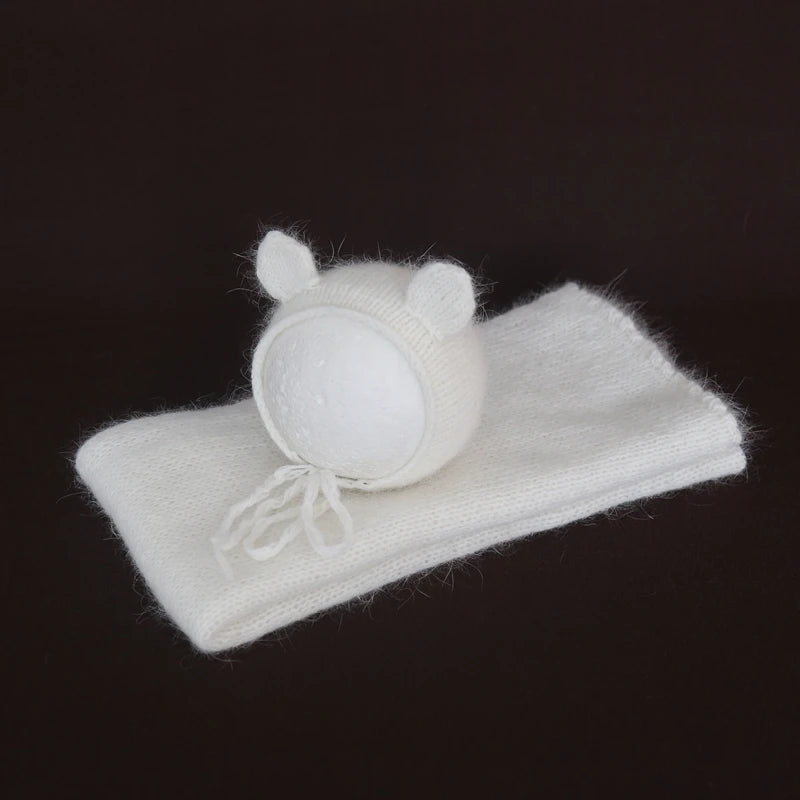 Vintage Newborn Knit Wrap and Bonnet Set for Photography Props