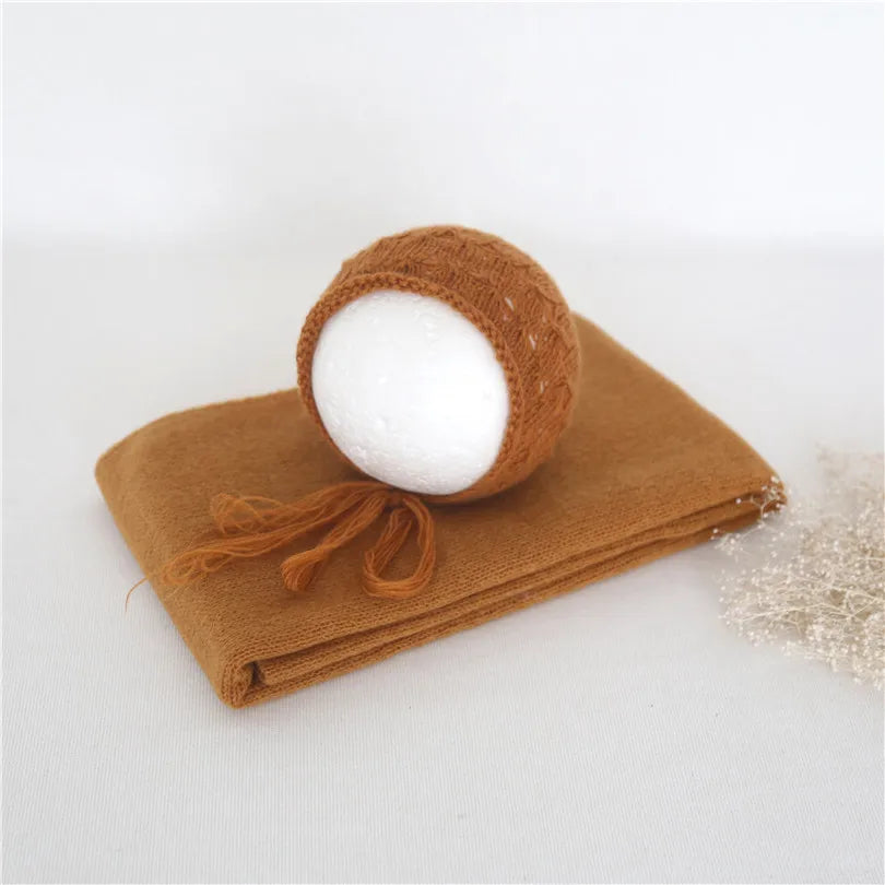Vintage Newborn Knit Wrap and Bonnet Set for Photography Props