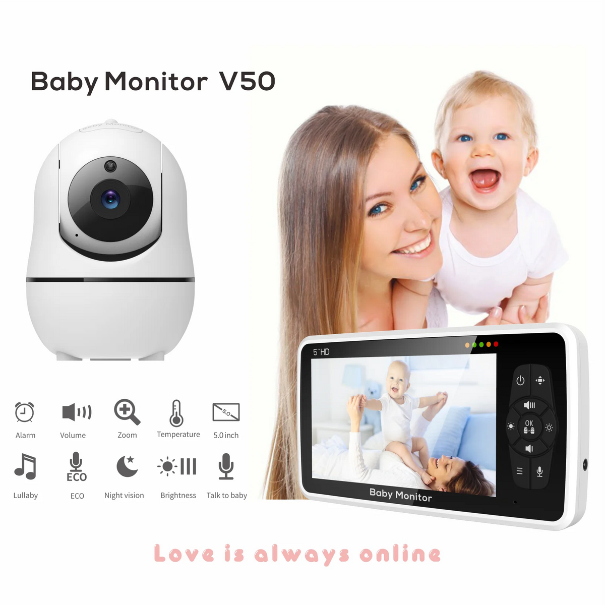 Dual Camera 5" Baby Monitor with 2-Way Audio & Zoom