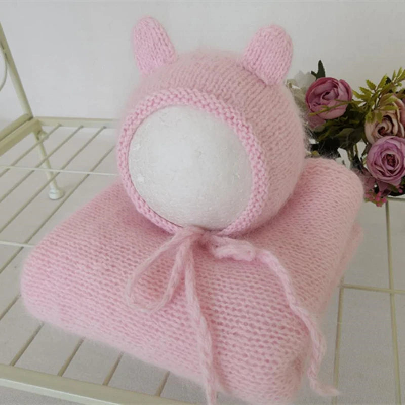 Vintage Newborn Knit Wrap and Bonnet Set for Photography Props