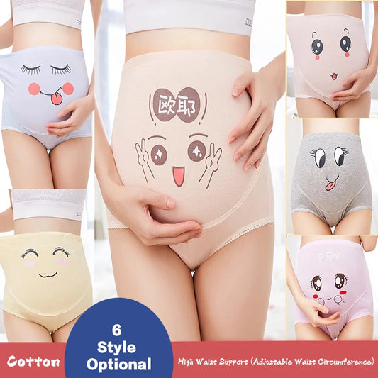 Cotton High-Waist Maternity Briefs – Adjustable Belly Panties with Cute Cartoon Print