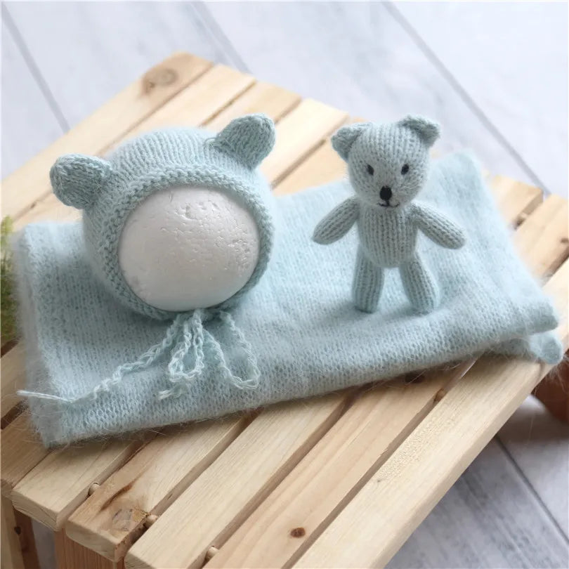 Vintage Newborn Knit Wrap and Bonnet Set for Photography Props