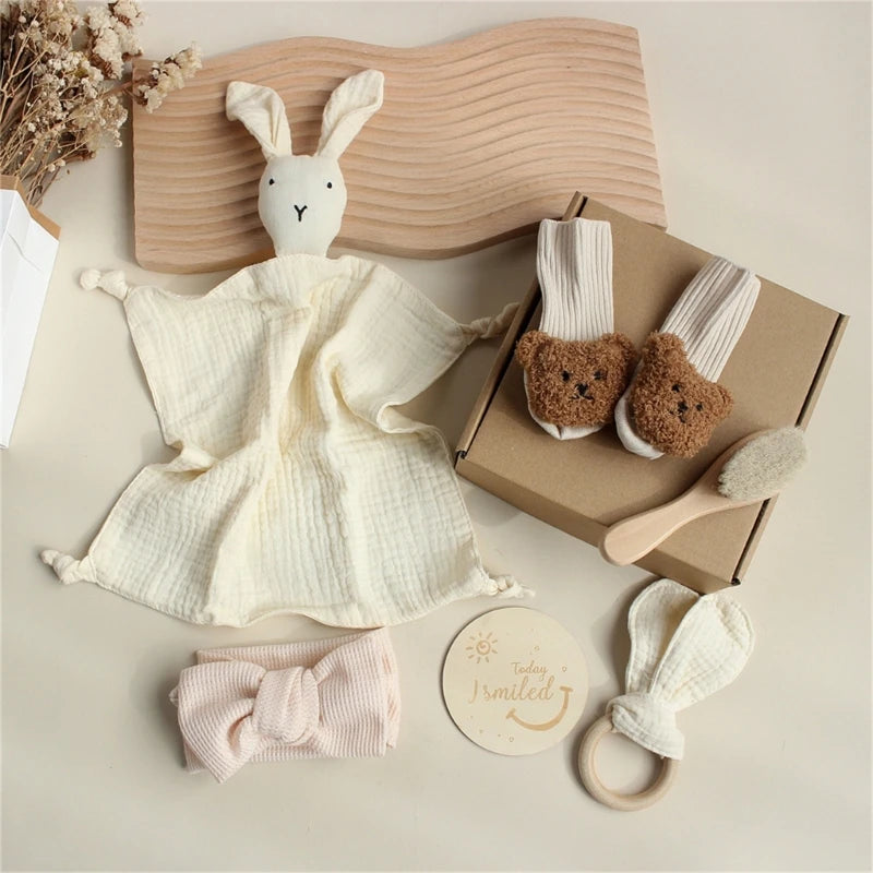 Newborn Baby Gift Set – Soft Cotton Towel, Rabbit Cuddle, Socks & Brush