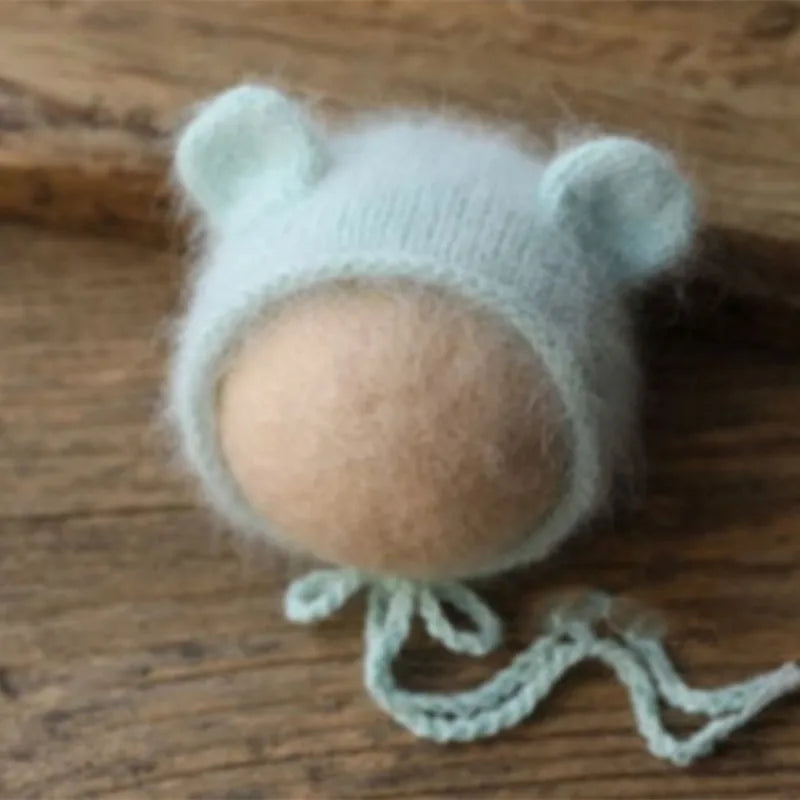 Bonnet tricoté pour nouveau-né en fil de vison duveteux avec oreilles, accessoire photo