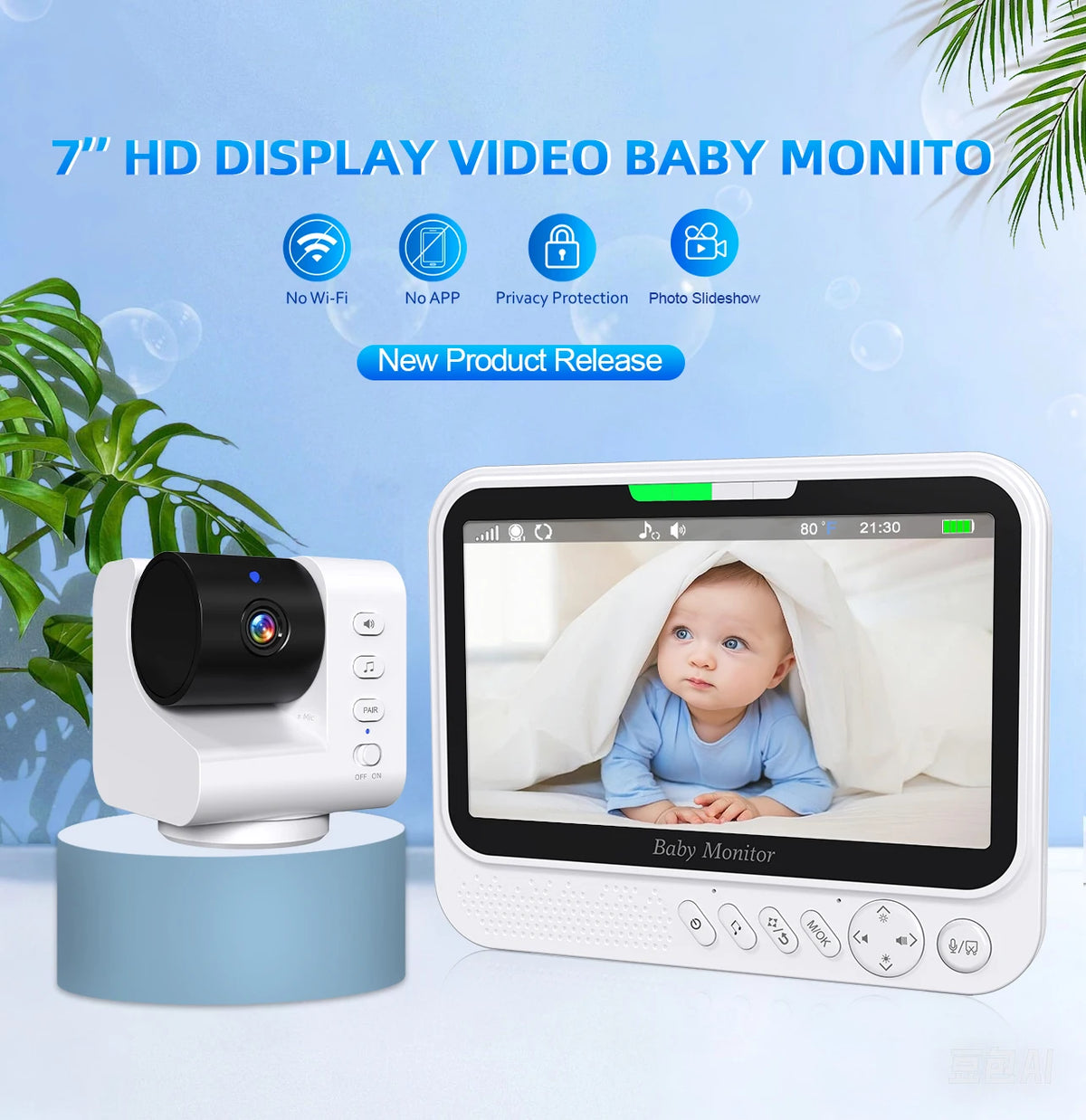 « Babyphone PTZ 7 pouces avec interphone, berceuses et fonction Temp »