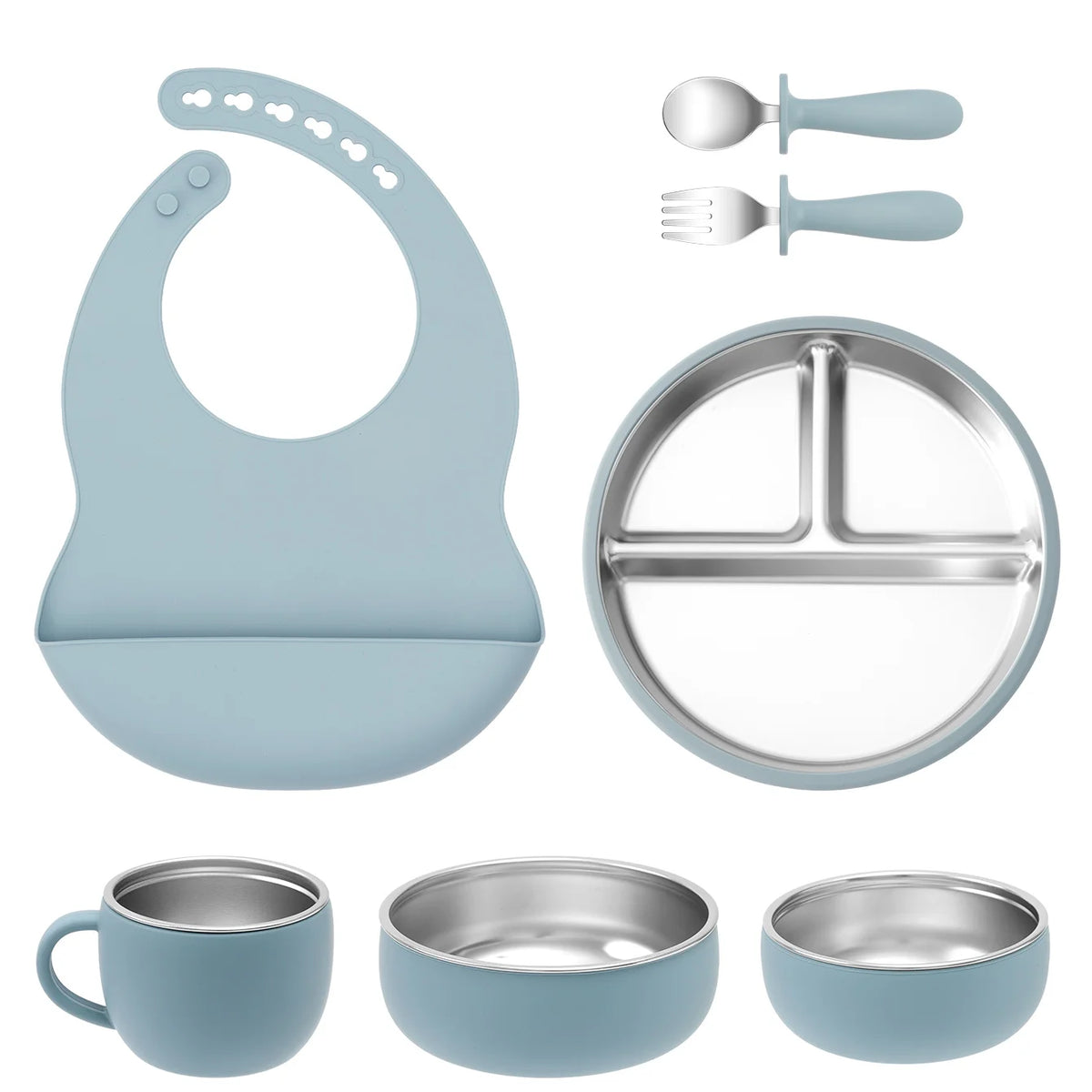 Ensemble d'alimentation pour bébé 7 pièces – Vaisselle en acier inoxydable et silicone