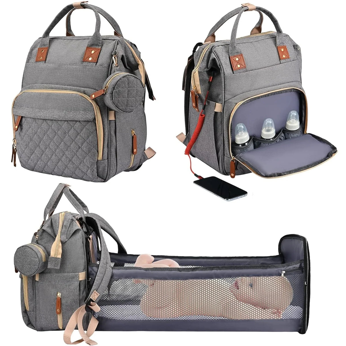 Sac à dos 35 L pour maman – Lit pliant, imperméable, chargement USB et sangle pour poussette