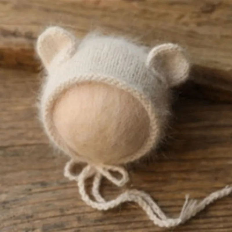 Bonnet tricoté pour nouveau-né en fil de vison duveteux avec oreilles, accessoire photo