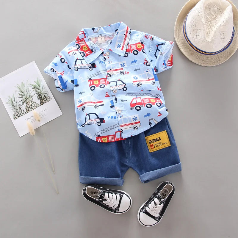 2PCS Baby Summer Set – Random Car Print Shirt & Shorts