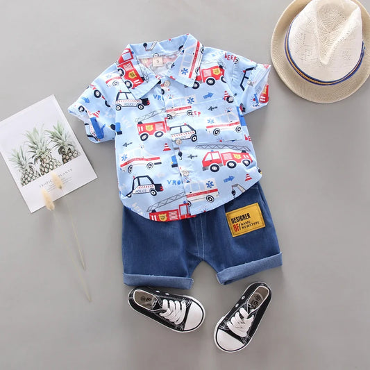 2PCS Baby Summer Set – Random Car Print Shirt & Shorts