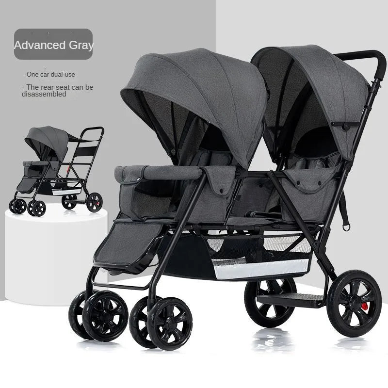 Poussette double multifonctionnelle pour jumeaux – Poussette double légère et pliable, à quatre roues