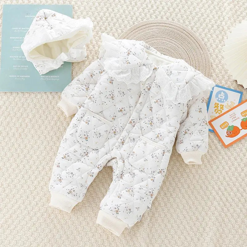 Ensemble 2 pièces pour bébé : barboteuse fleurie mignonne, combinaison rembourrée en polaire à motif losanges avec chapeau, vêtements d'extérieur épais pour tout-petit (0-2 ans).