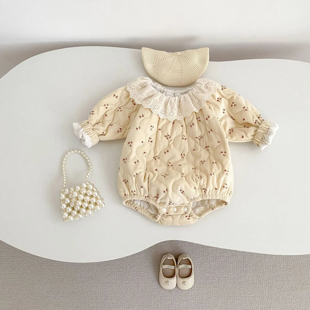 Combinaison bébé automne-hiver 2025, col en dentelle, manches longues, imprimé coton, style princesse
