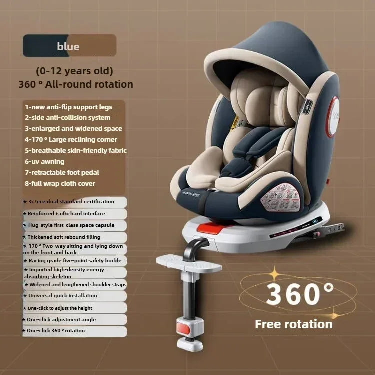 Siège auto bébé pivotant à 360° avec fixation ISOFIX et support
