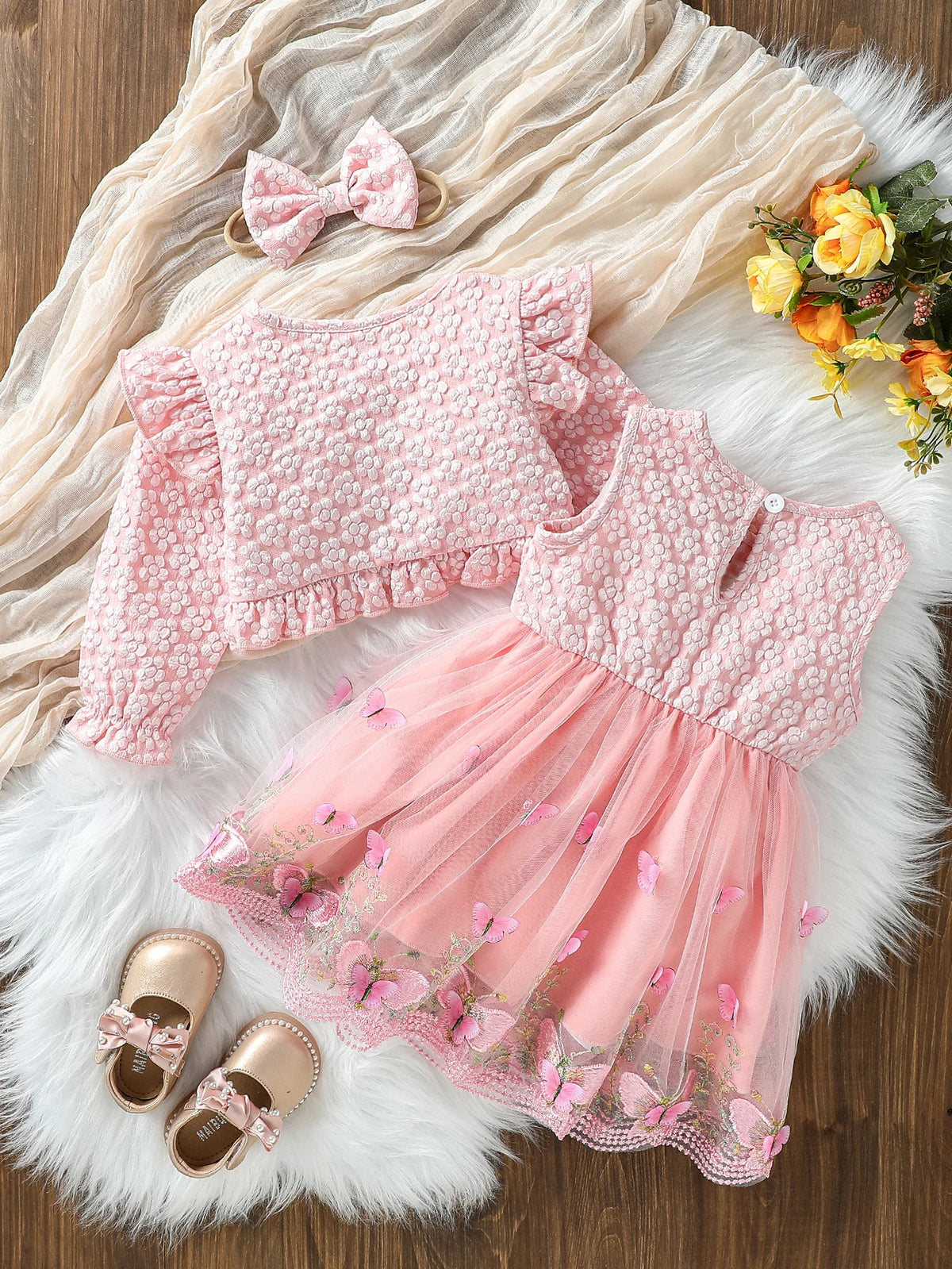 Ruffled Baby Girl Dress with Coat & Headband