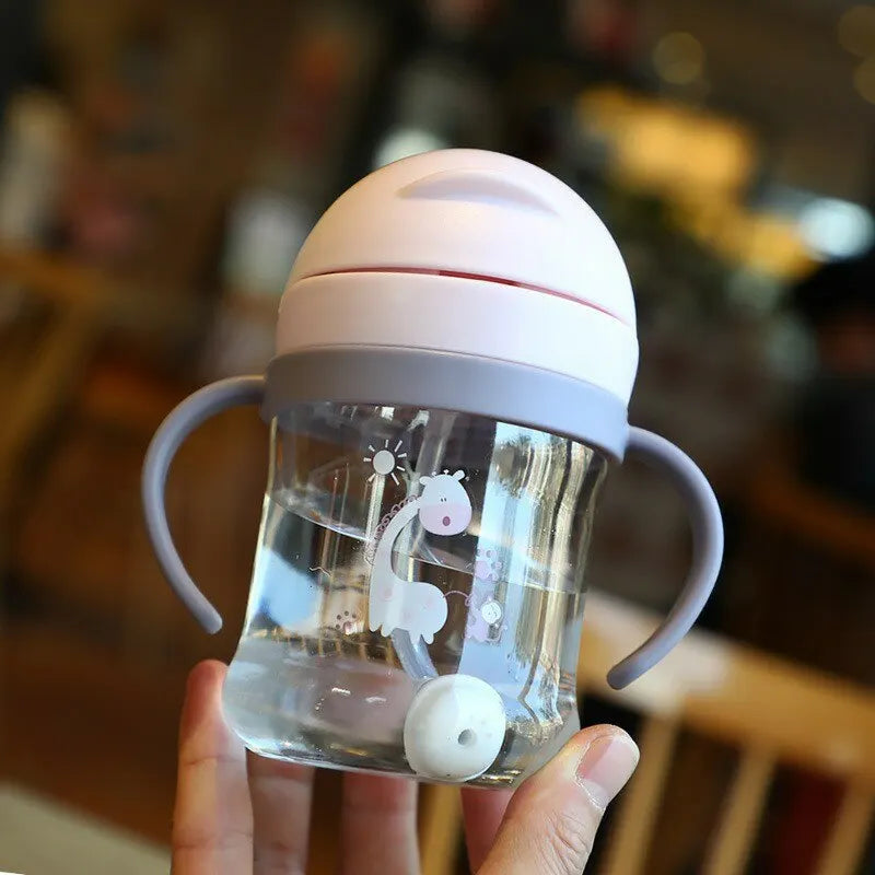 Biberon de 250 ml pour bébé – Large anse et paille rose