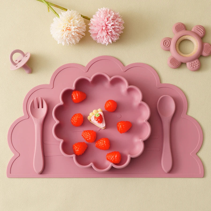Ensemble d'alimentation pour bébé en silicone – Cuillère, fourchette et set de table pour le sevrage