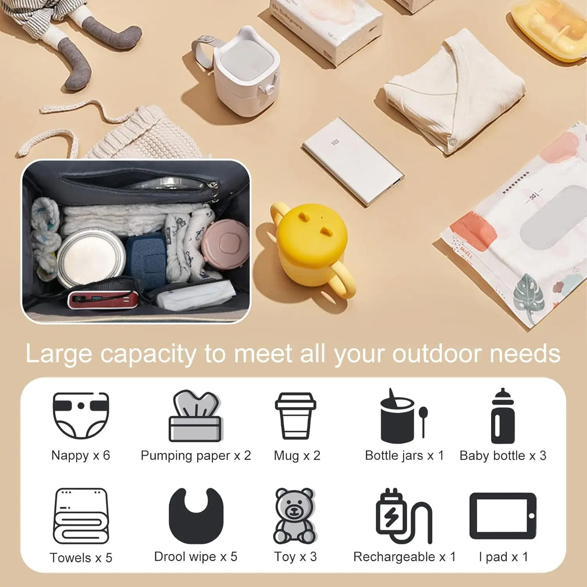 Sac à dos 35 L pour maman – Lit pliant, imperméable, chargement USB et sangle pour poussette