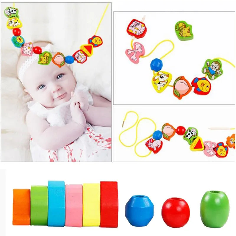 Montessori Wooden Bead Toy – Cartoon Fruit & Animal Stringing Game