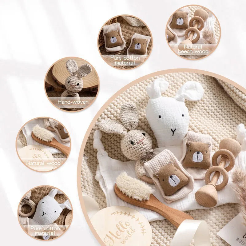 Newborn Bath Gift Set – Cotton Blanket, Milestone Cards & Rattle