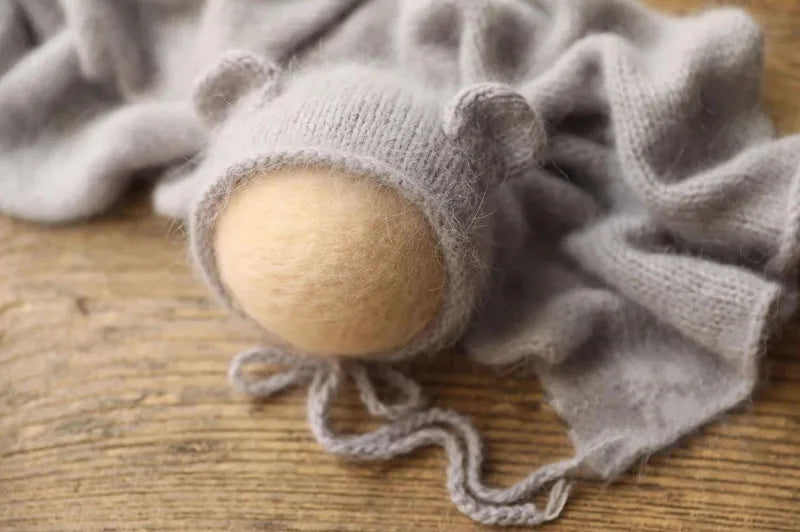 Bonnet tricoté pour nouveau-né en fil de vison duveteux avec oreilles, accessoire photo
