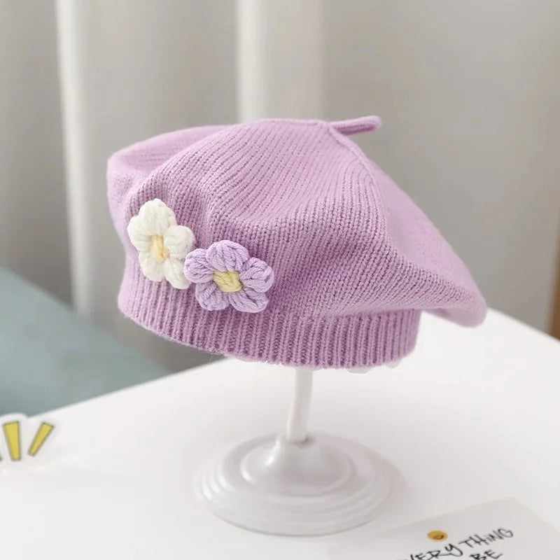 Cute Baby Girl Knitted Beret Hat with Small Flower
