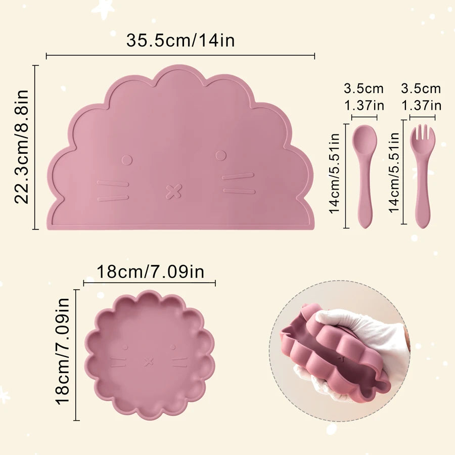 Ensemble d'alimentation pour bébé en silicone – Cuillère, fourchette et set de table pour le sevrage