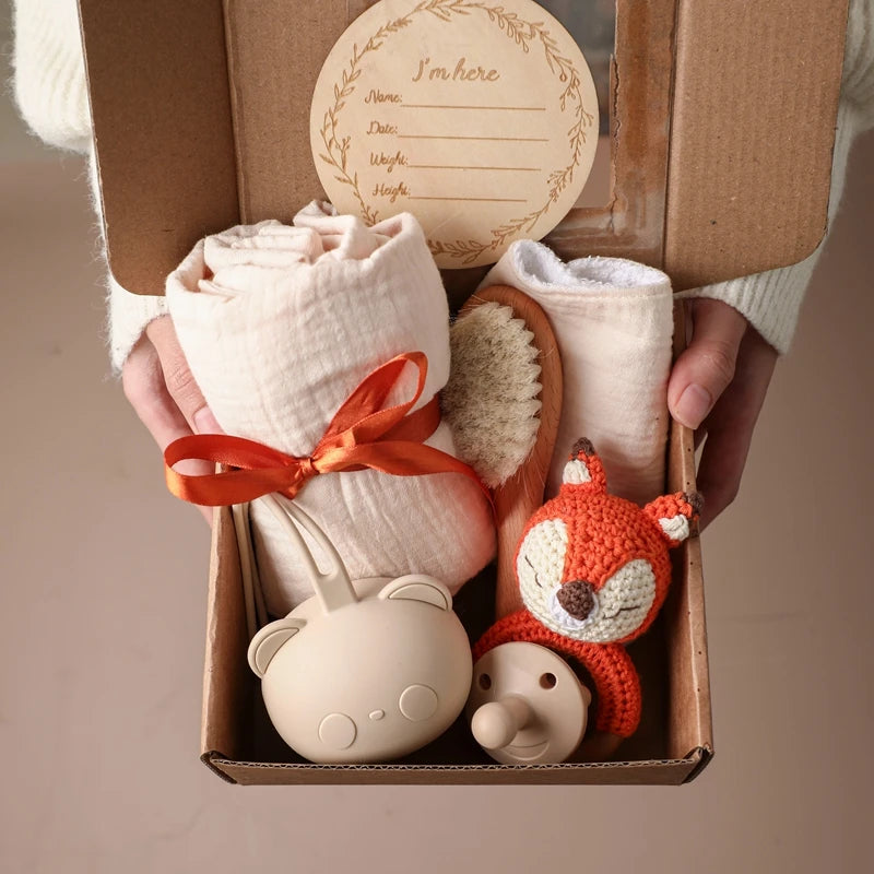 Baby Bath & Milestone Gift Set – Towel, Rattle, Pacifier & Cards
