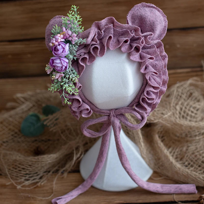 Bonnet à fleurs en feutre de laine mignon en forme de renard pour nouveau-né