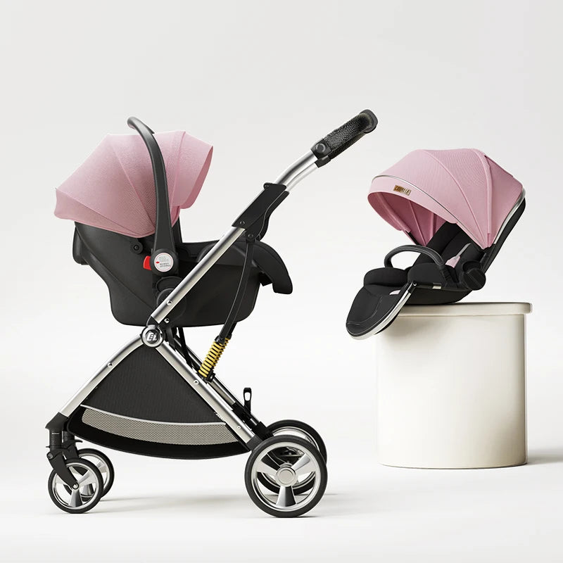 Luxury High-View Baby Stroller – Egg-Shaped Seat, One-Hand Recline, Compact Pram