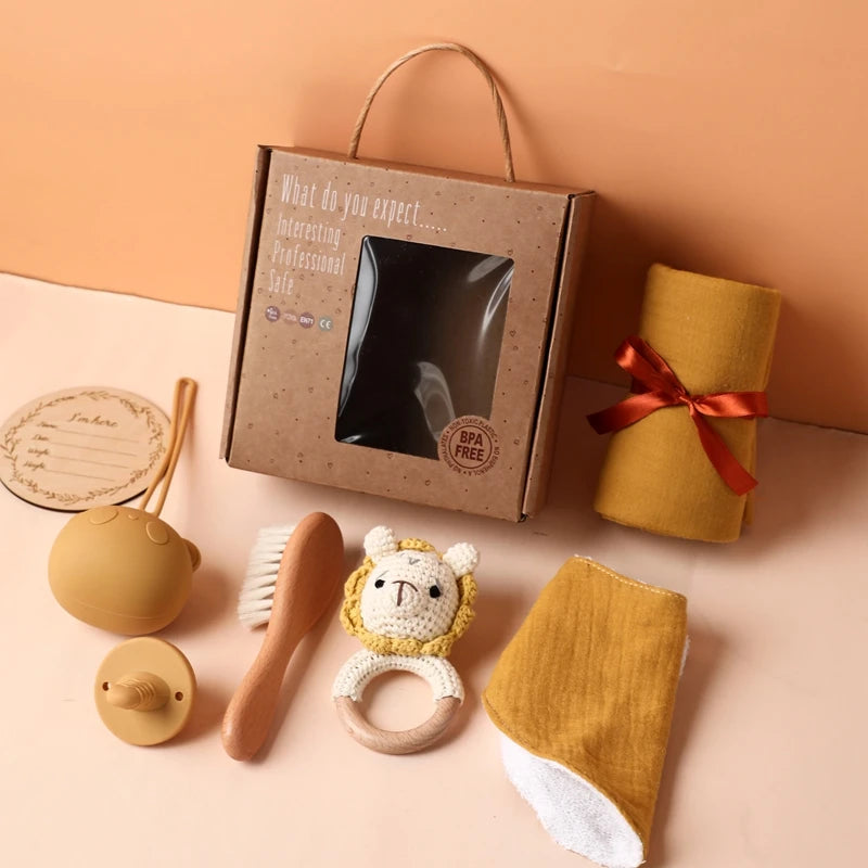 Baby Bath & Milestone Gift Set – Towel, Rattle, Pacifier & Cards