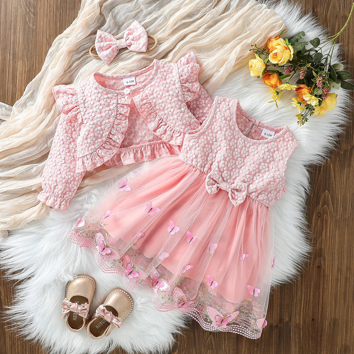 Ruffled Baby Girl Dress with Coat & Headband