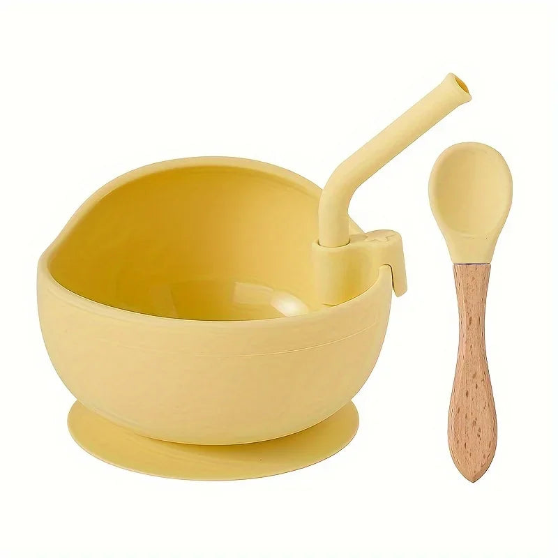 Ensemble de cuisine pour bébé – Bol en silicone avec cuillère et paille