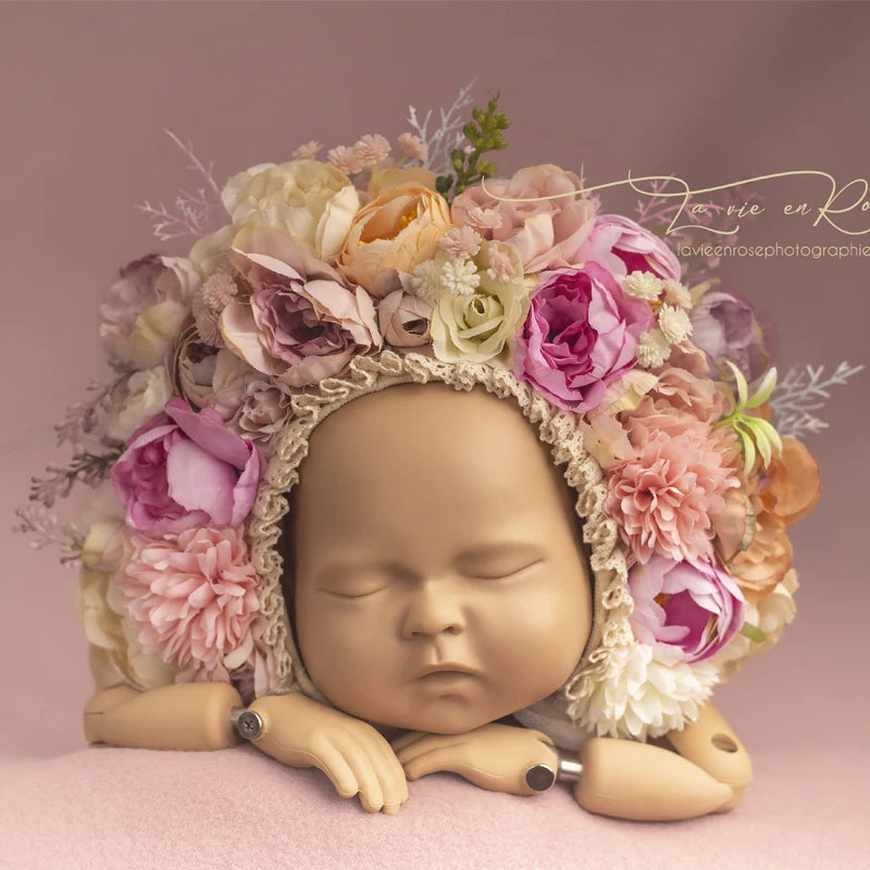 Knitted Flower Bonnet for Newborn Baby Photo Shoot Props