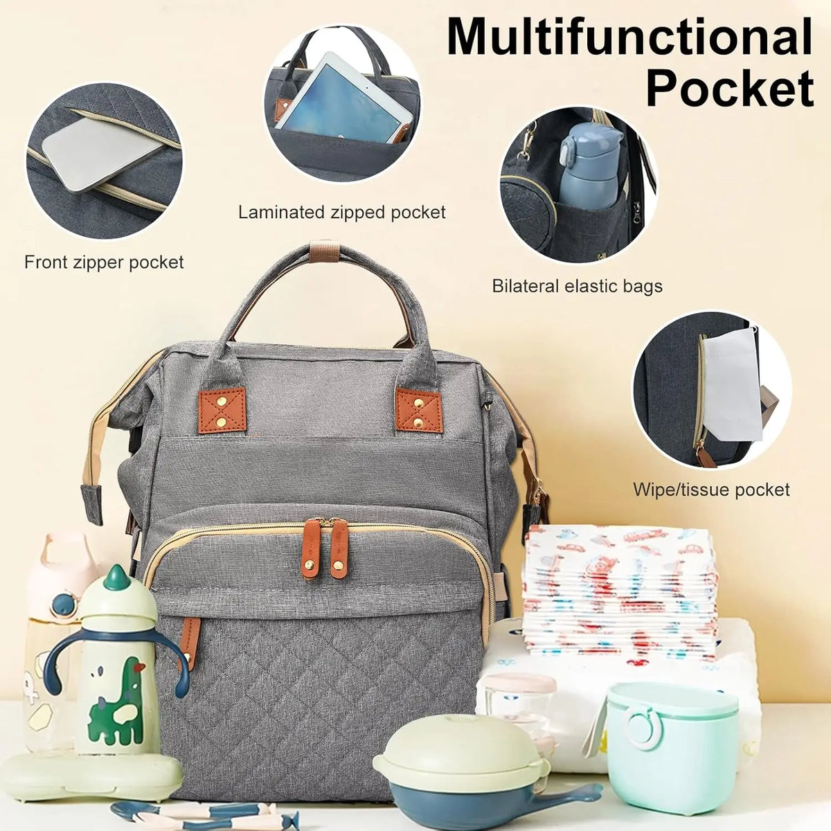 Sac à dos 35 L pour maman – Lit pliant, imperméable, chargement USB et sangle pour poussette