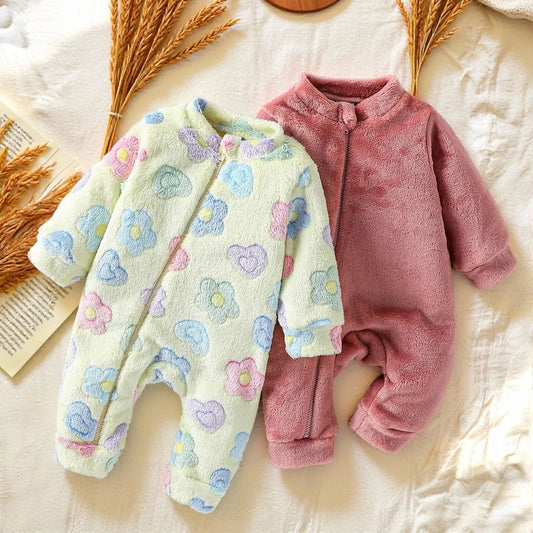 2Pcs New Baby Girl Girls Thick Romper Warm Winter Long Sleeve Newborn Infant Baby Fleece Romper Jumpsuit Soft Clothes For 1-24M