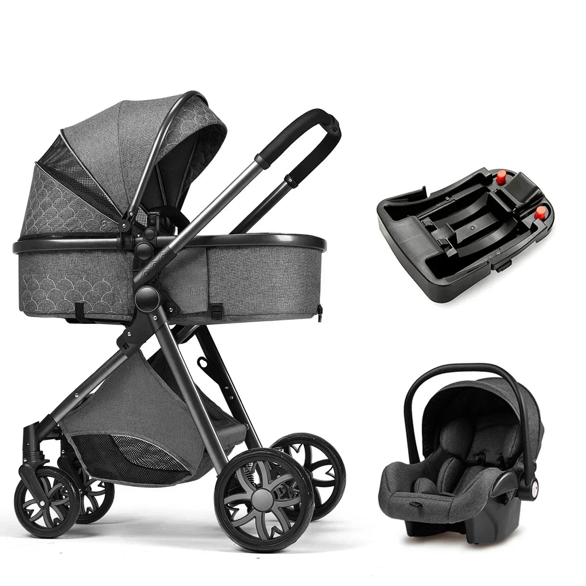 Poussette 3 en 1 à profil haut avec siège auto et fixation ISOFIX