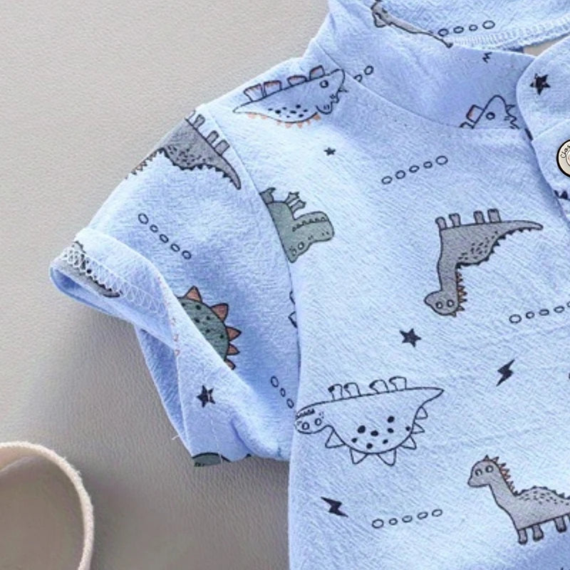 Kids’ Summer Outfit – Dinosaur Print Short-Sleeve Shirt & Shorts Set