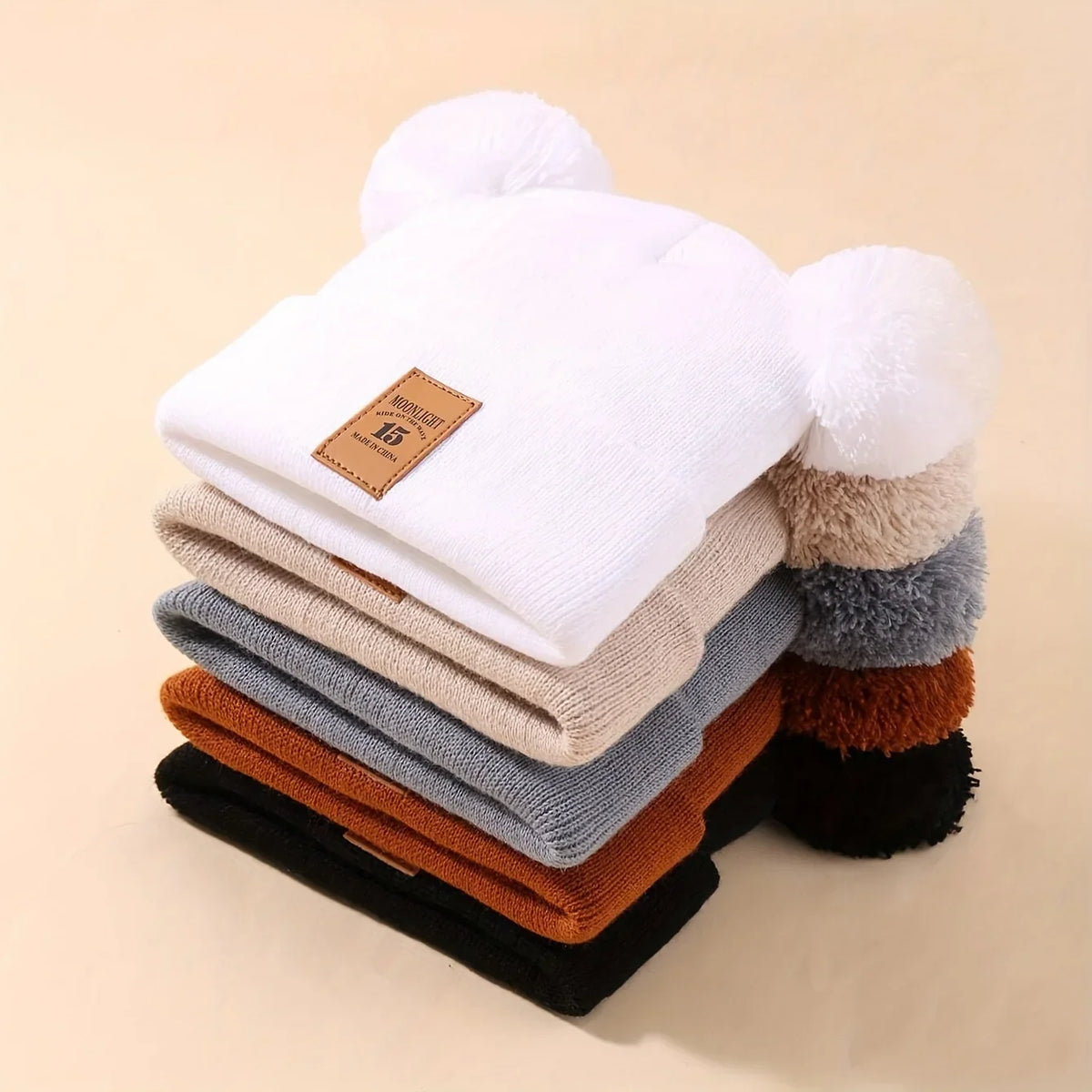 Cute Double Pom Baby Knit Hat Winter Set 5Pcs