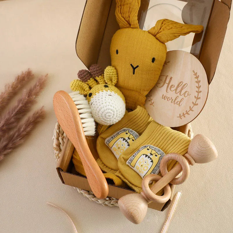 Newborn Bath Gift Set – Cotton Blanket, Milestone Cards & Rattle