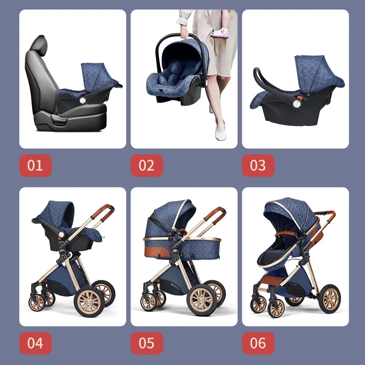 Poussette bébé 3 en 1 de luxe à grand débattement – ​​Position assise et allongée